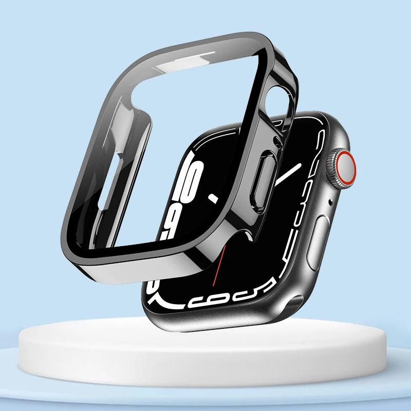 Waterproof Watch Case Glass Screen for Apple Watch Cover 40mm 44mm 41mm 45mm Frame Straight Edge Bumper IWatch Series 9 8 7 6 SE