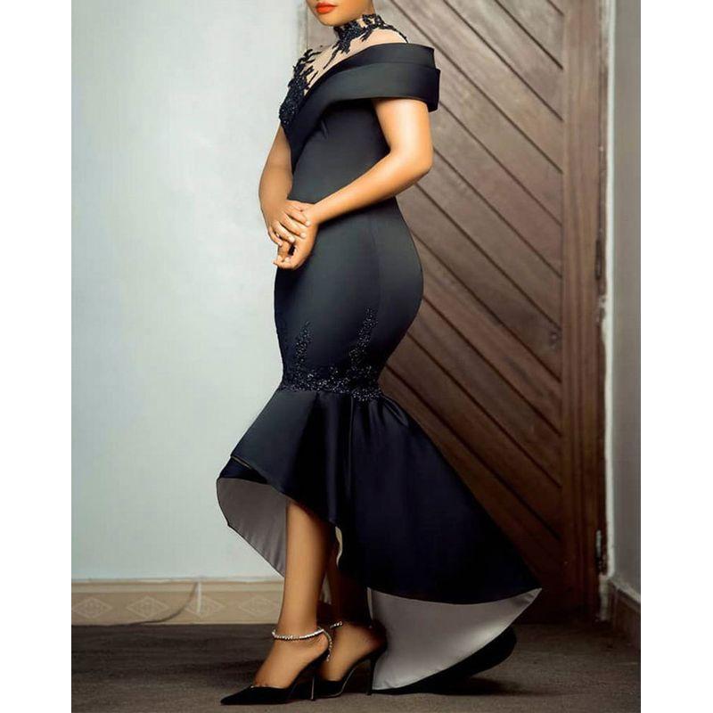 

Women Sexy Party Dress European and American Sexy Sheath High-Grade Black Embroidered Fishtail Long dress Women Black 3XL