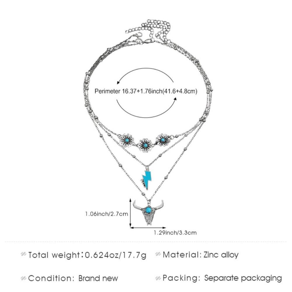 3pcs Set Bohemian Retro Inlay Turquoise Cactus Ox Head Pendant Beaded Multi-layer Necklace for Women Fashion Personality Jewelry