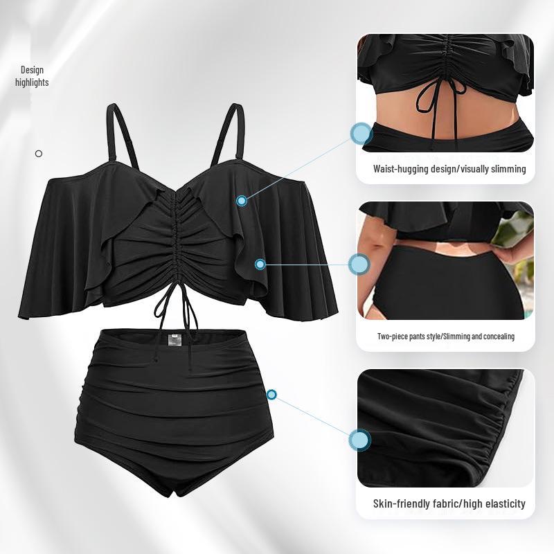 Plus Size Ruffle Sleeve High Waist Bikini Swimwear - Solid Color Two-Piece