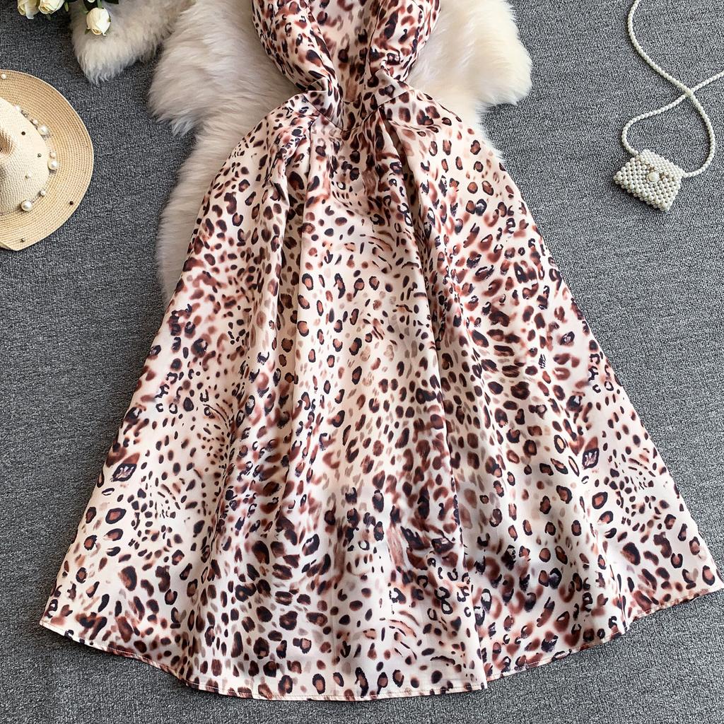 Elegant Sleeveless Leopard Print Summer Dress Women's Round Neck Three-Dimensional Cutting Drapped Slim Party Dresses Robes