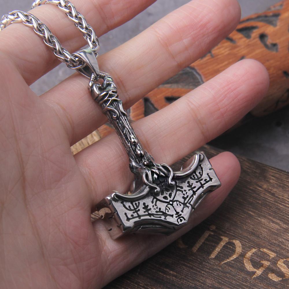 Norse Vikings Thor Hammer Mjolnir Necklace Stainless Steel Chain Vegvisir Pendant Male Jewelry Rune Amulet