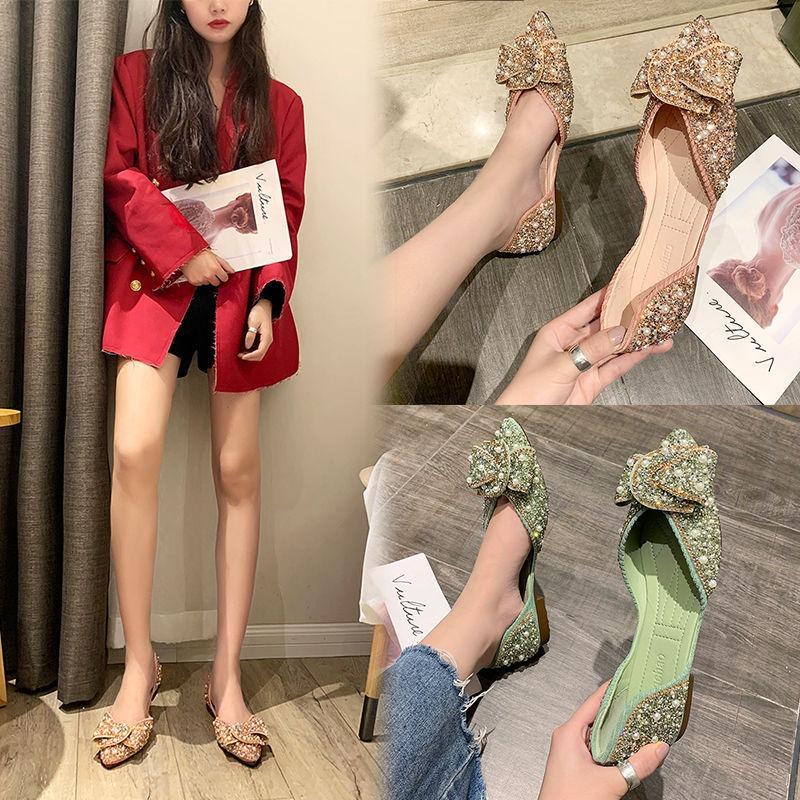 Pointed single shoes women's summer new bow ladyshoes versatile pearl rhinestone flat bottom shallow beanie shoes