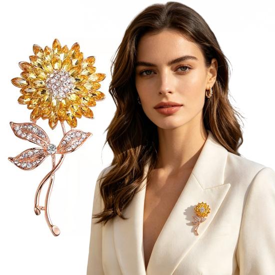 Rhinestone Sunflower Brooch Alloy Flower Lapel Pin Sweater Cardigan Coat Business Suit Clothing Accessories Fashion Jewelry