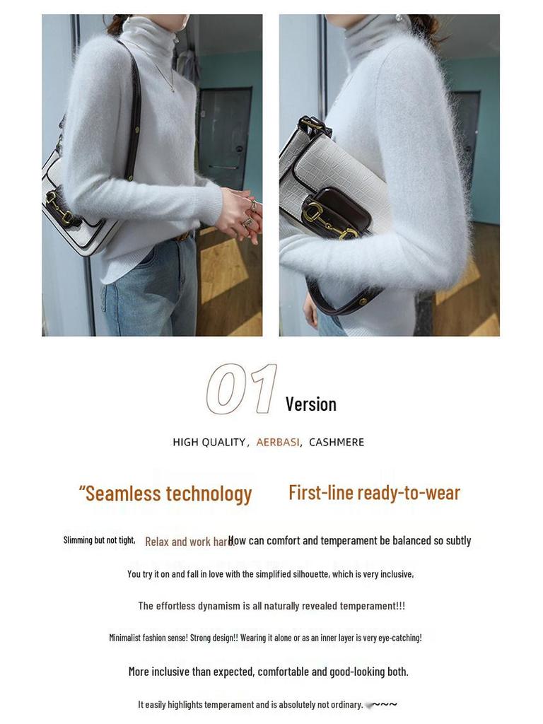 Damski sweter z golfem z kaszmiru norkowego - z krótkim rękawem, o luźnym kroju, ciepła dzianina na jesień/zimę