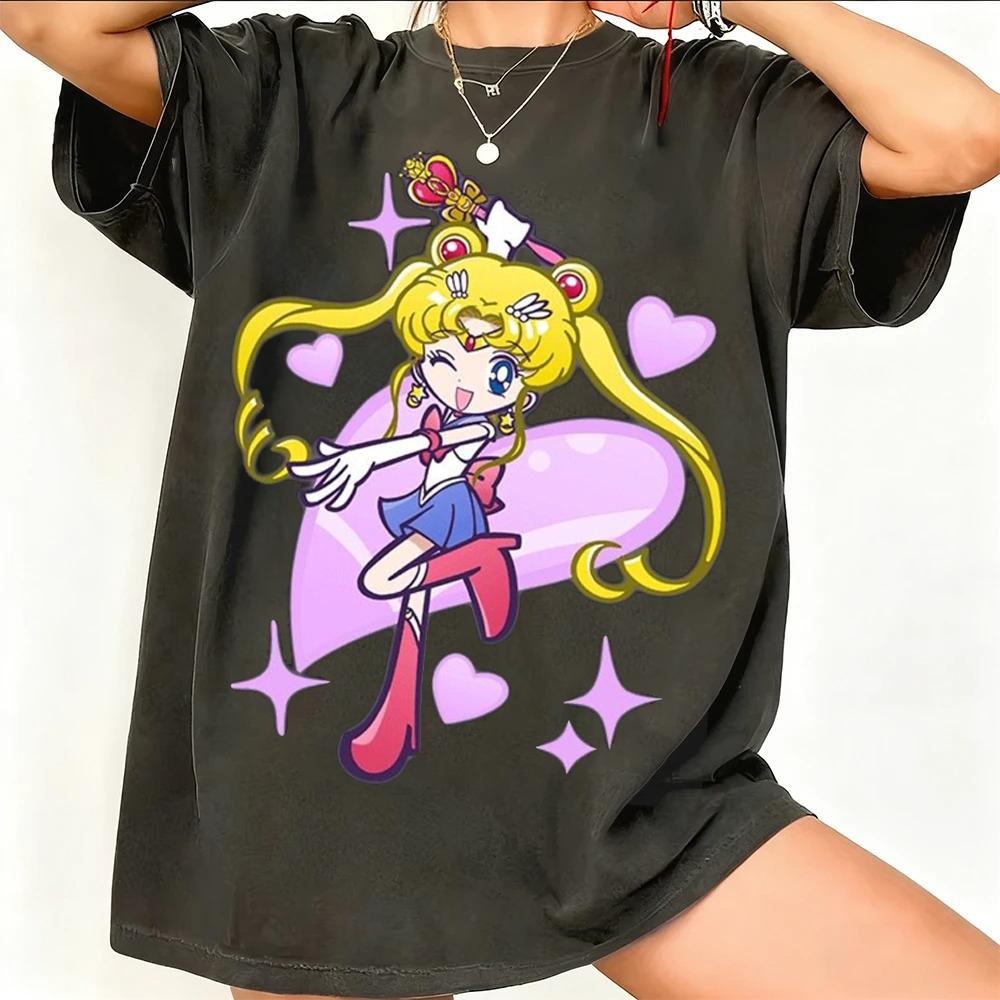 Sailor Moon Retro 90er Anime Grafik T-Shirt Sommer Baumwolle Unisex Damen Tee Streetwear Lässig Trend Kurzarm Paar Hip Hop Oberteil