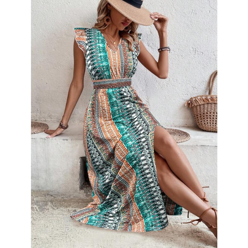 

Женское платье весна/лето в стиле бохо с V-образным вырезом и разрезом на талии XL павлин голубой