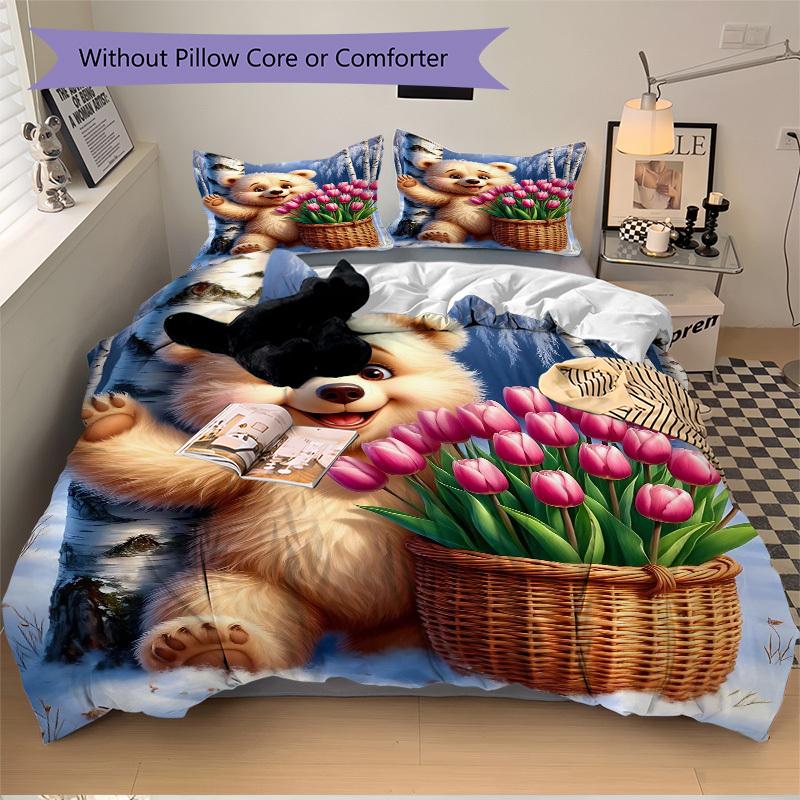 3pcs Anime Cartoon Bear with Pink Tulips Bedding Set - Includes One Quilt Cover and Two Pillowcases (No Core) - Festive Gift for Bedroom Dec 135x200cm