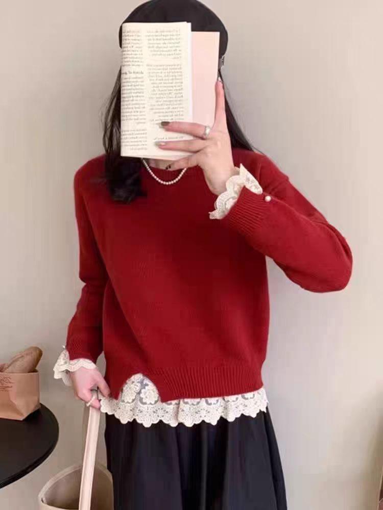 Korean Fashion Sweet Lace Splicing Knitted Pullover Sweater Women Autumn Winter Sweet Bottoming Top Fashion Basic Elegant Loose Solid Color Clothing