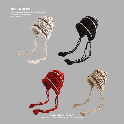 Women's Autumn and Winter Tassel Lace Up Knitted Hat Korean Style Versatile Warm Wool Hat Japanese Ear Protection Head Cold Hat Trendy