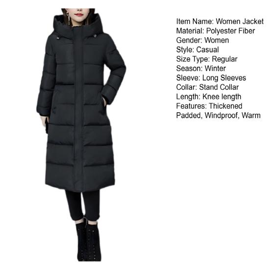 Winter Down Coat Thickened Padded Hooded Stand Collar Knee Length Pockets Zipper Closure Windproof Heat Retention Warm Daily Outwear Cotton Jacket