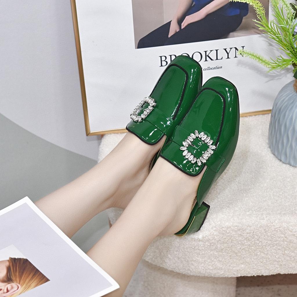 Baotou slippers women's outer wear summer new thick heel square head rhinestone sandals cow patent leather lazy drag