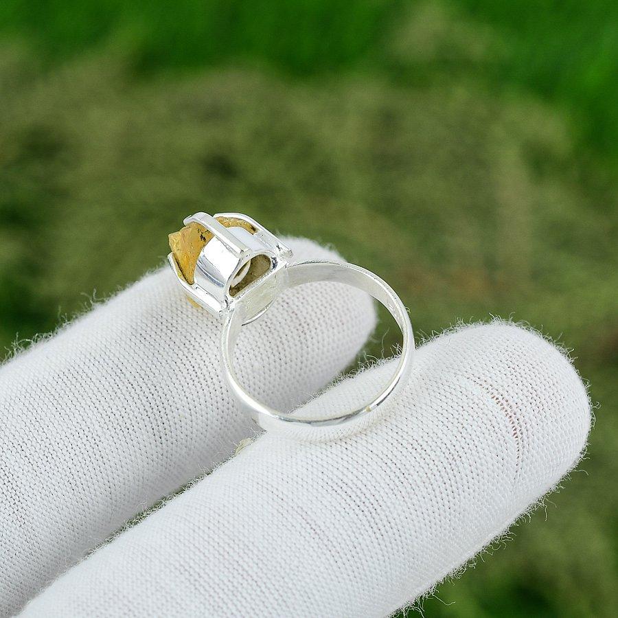 Bague Solitaire Naturelle Citrine Brute Argent 925 Novembre Naissance Bijoux Taille 6.5