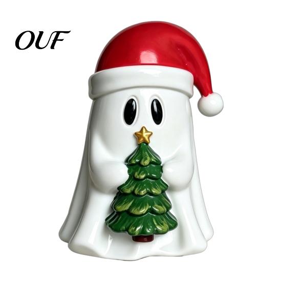 Versatile Holiday Party Supplies Christmas Ghost Resin Figurine, Cute with Santa Hat Holding Gift Box Modern Minimalist Decor & Tree, Tabletop