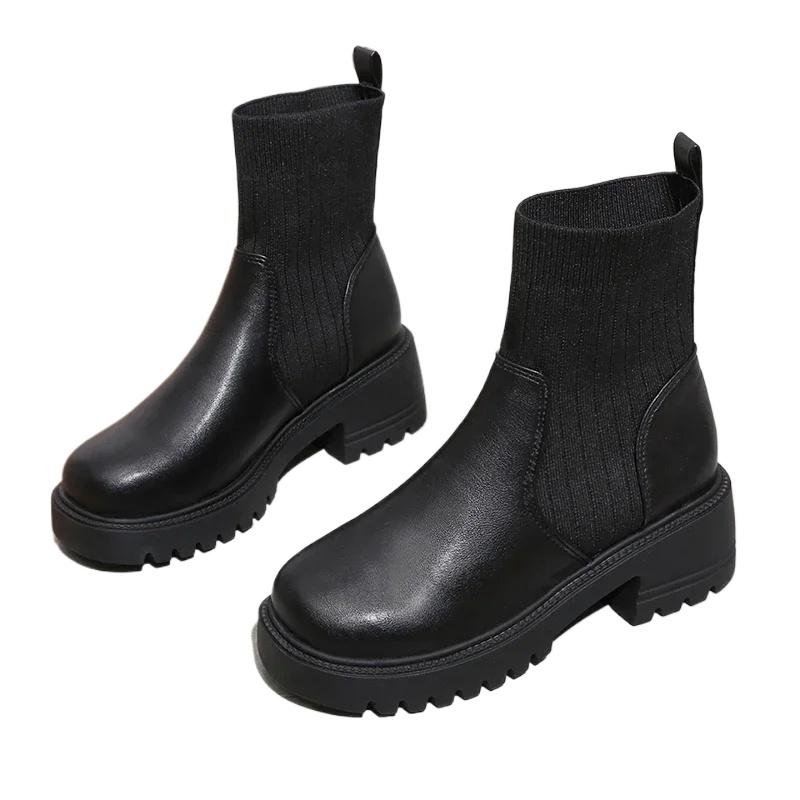 New Autumn Winter Fashion Women Chelsea Boots Female PU Leather High Heels Boots Platform Shoes Ladies Knitted Sexy Ankle Boots