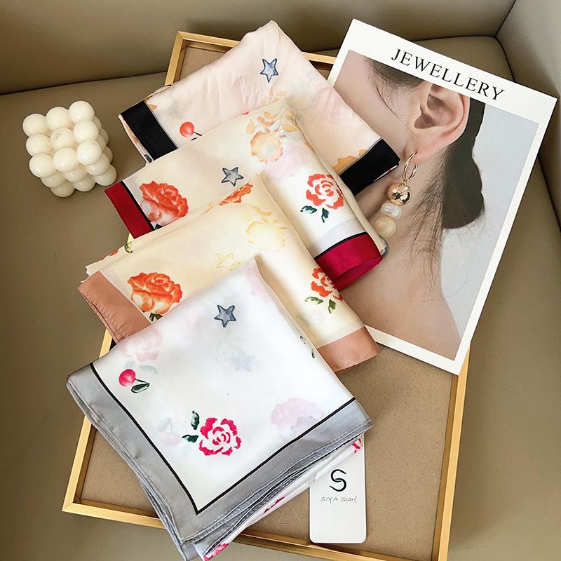 1116 Spring and Summer New Small Fresh Literary Flower Square Scarf Silk Scarf Women's Ins Imitation Silk Versatile Silk Scarf Headscarf