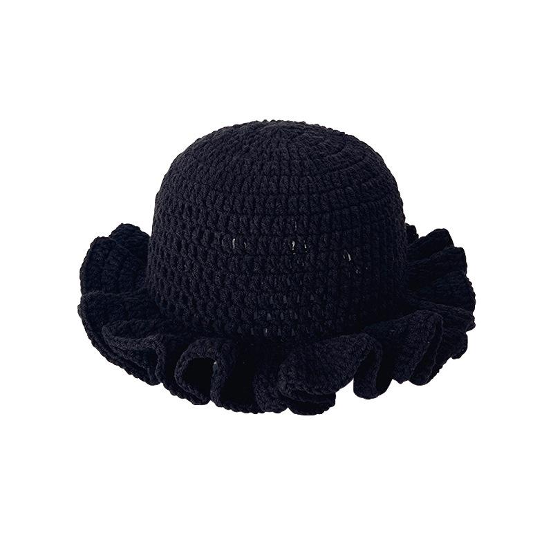 Spring, Autumn and Winter Crochet Pleated Bamboo Hat Adult Lace Wool Hat Ruffle Leaf Edge Pullover Fisherman Bucket Hat