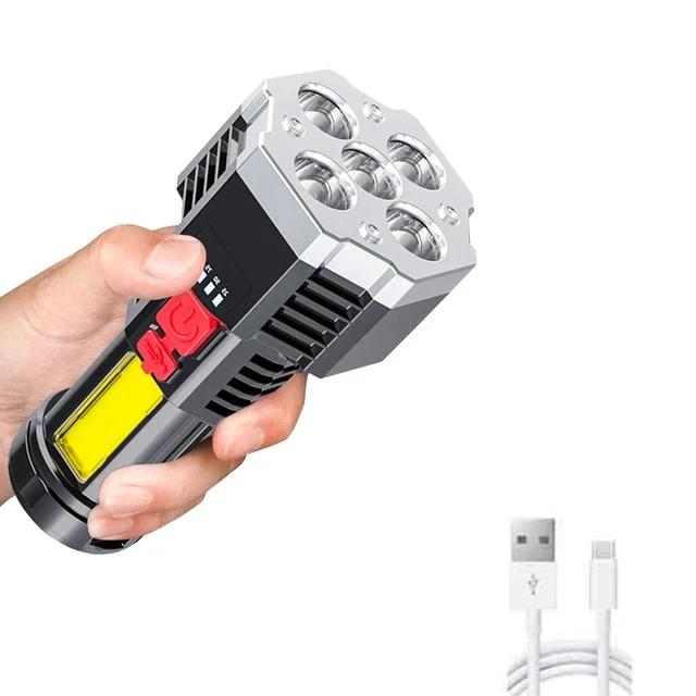 Portable 4-5 Core LED Flashlight Built-in Battery USB Rechargeable COB Working Light Outdoor Home Torch Camping Search Lantern
