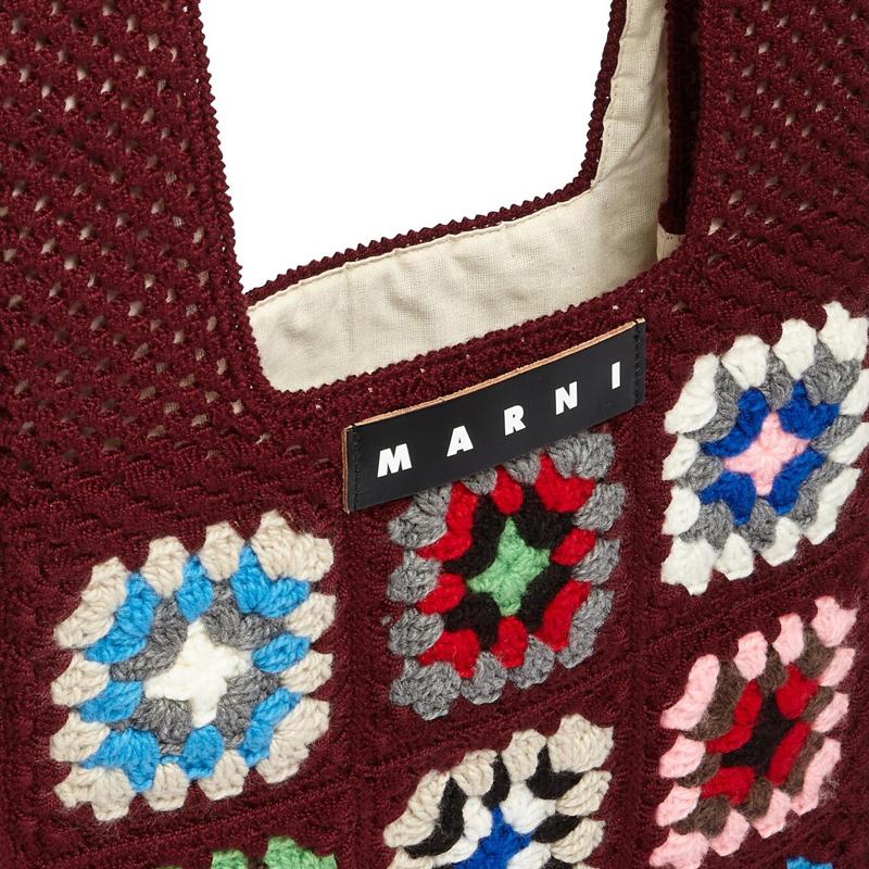 Marni Market Logo Patchwork Crochet Tote Bag Women Handbags Burgundy Multicolor SHMH0011Q2FC001JQM80