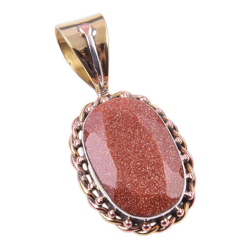 Natural Sunstone Gemstone 925 Solid Sterling Silver Two Tone Pendant 1.25'' U7B97