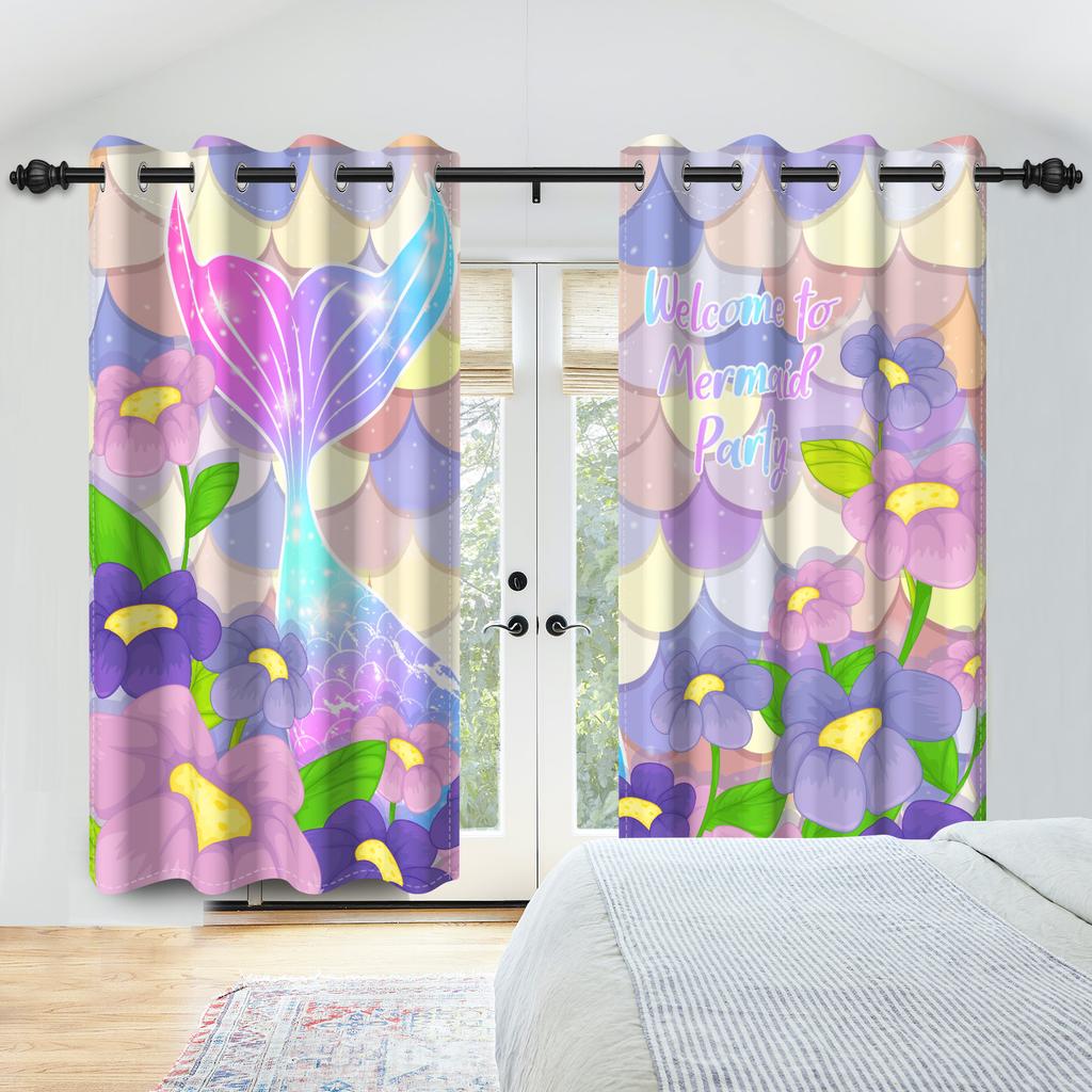 2Pcs Mermaid Colorful Scales Window Curtains Princess Girls Bedroom Decoration Home Living Room Heat Insulation Blackout Drapes