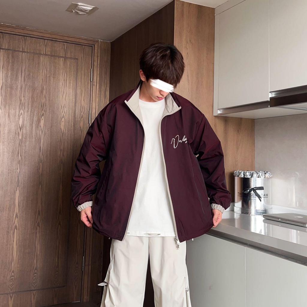 Unisex Retro Reversible Color Print Windbreaker Jacket 