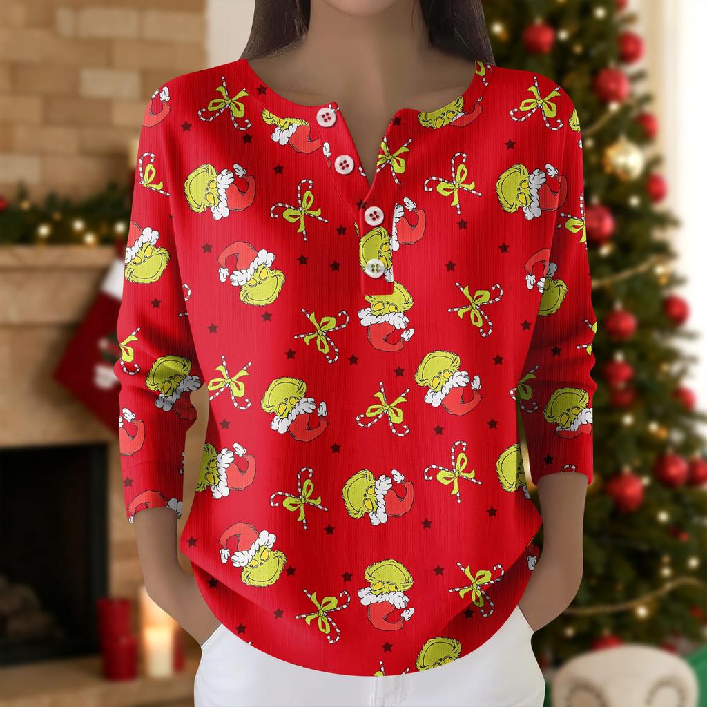 Damemote langermet juletopp med snøfnuggtrykk Elegant avslappet topp