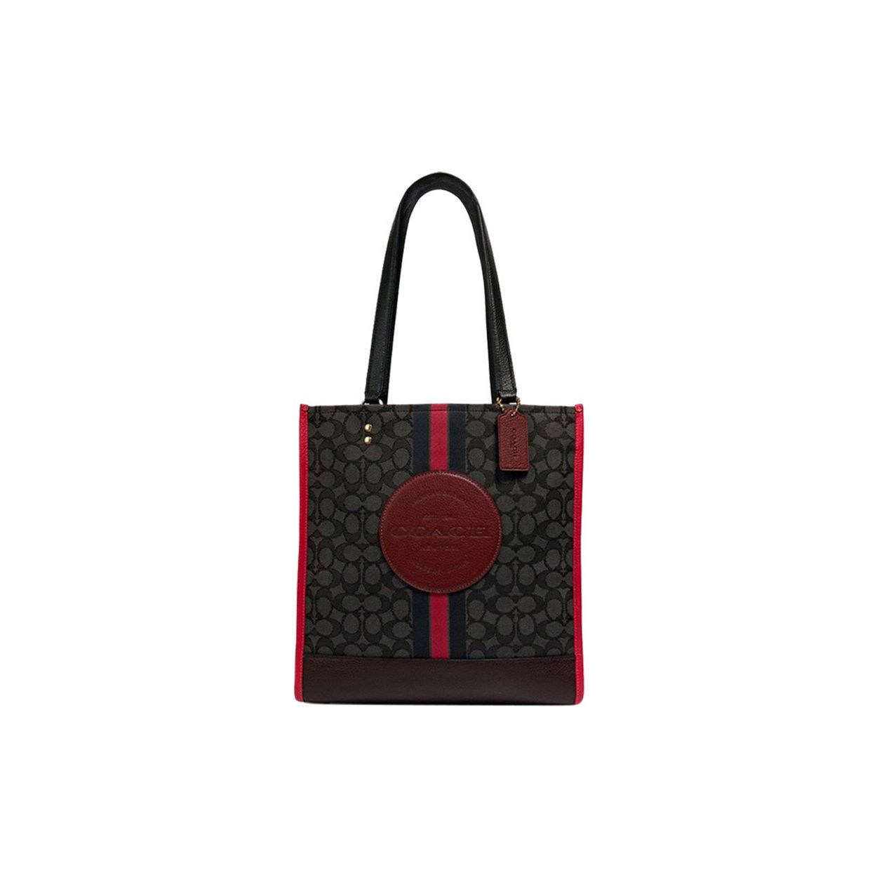 

Coach Dempsey Monogram Stripe Logo Vertical Canvas And Leather Tote Bag Women Tote Bags Red Black Gray 1917-IMR2P Basic Set (Bag+Dust Bag)