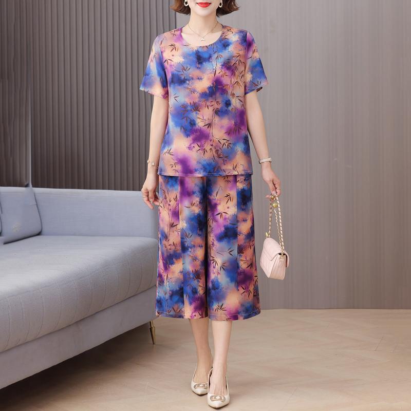 Elegante 2-teilige Sets Damen Sommerkleidung Vintage Lockerer Druck Übergröße Hosenanzüge