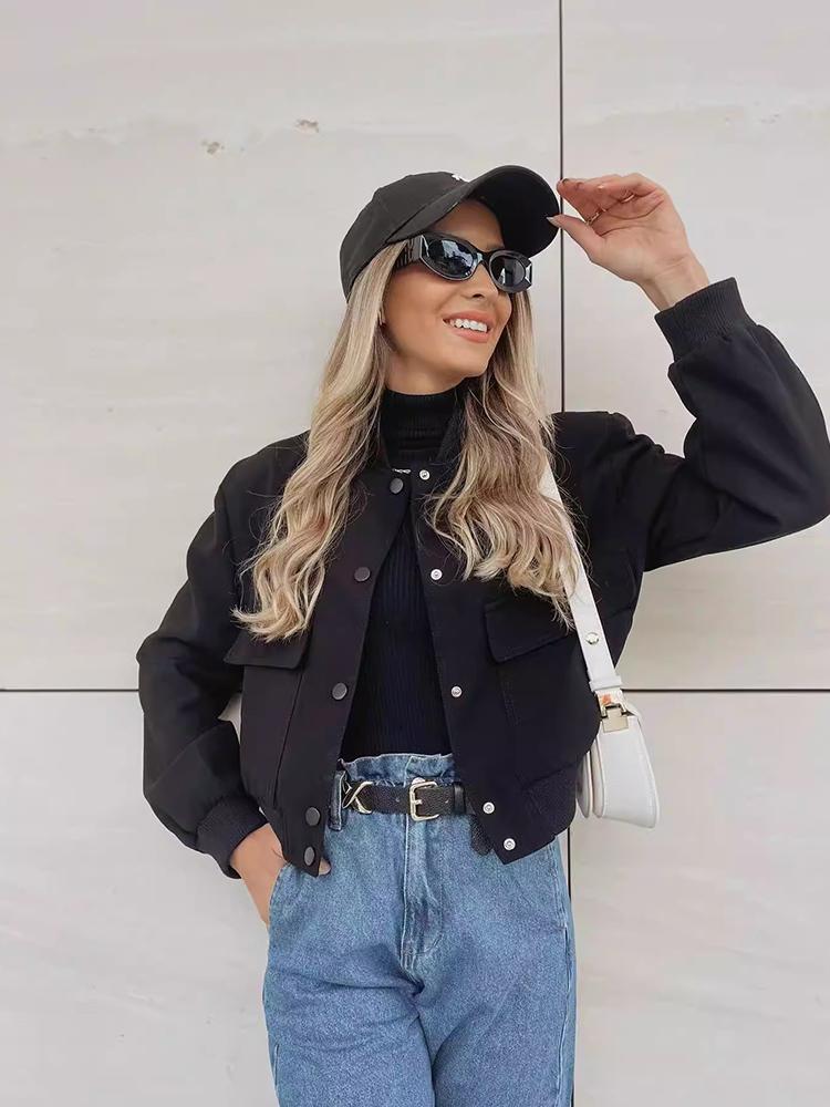 Women Fashion With Pockets Bomber Jacket Coats Vintage Long Sleeve Front Button Casual Female Outerwear Chic Tops