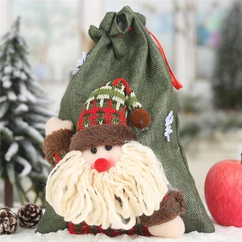New Year Christmas Decorations for Home Linen Drawstring Gift Bag Large Candy Christmas Bags Holiday Cartoon Apple Bag