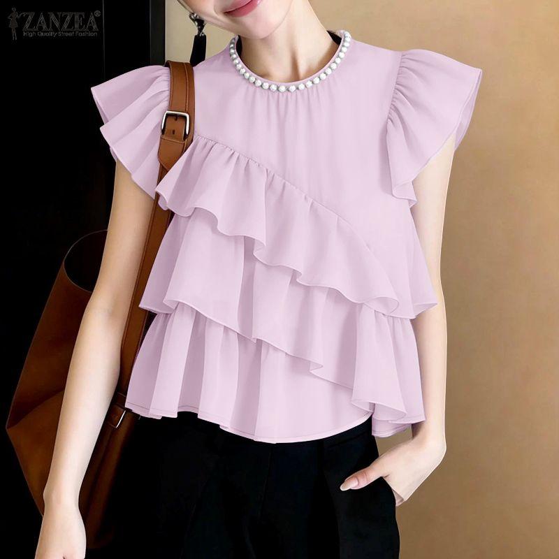 ZANZEA Women Casual Round Neck Short Sleeve Loose Ruffles Blouse