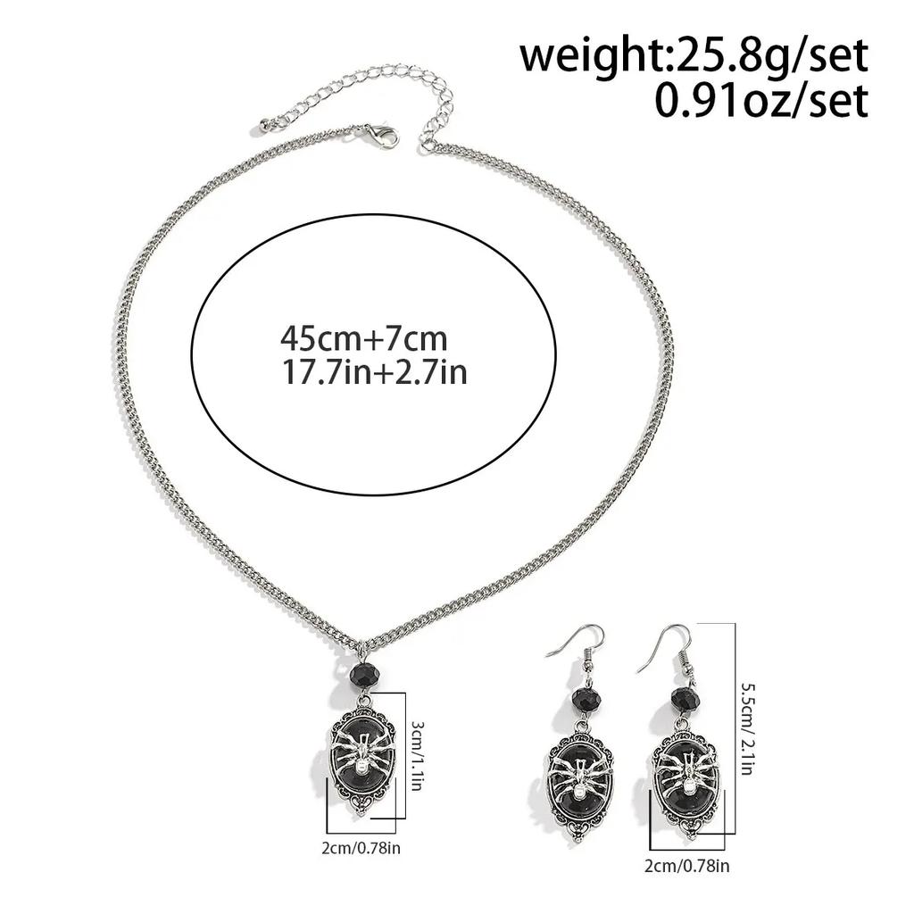 2Pcs Gothic Black Spider Pendant Choker Necklace Drop Earrings Women Vintage Adjustable Chain Halloween Accessories Jewelry Set