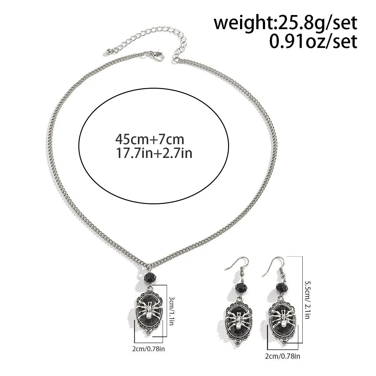 2Pcs Gothic Black Spider Pendant Choker Necklace Drop Earrings Women Vintage Adjustable Chain Halloween Accessories Jewelry Set