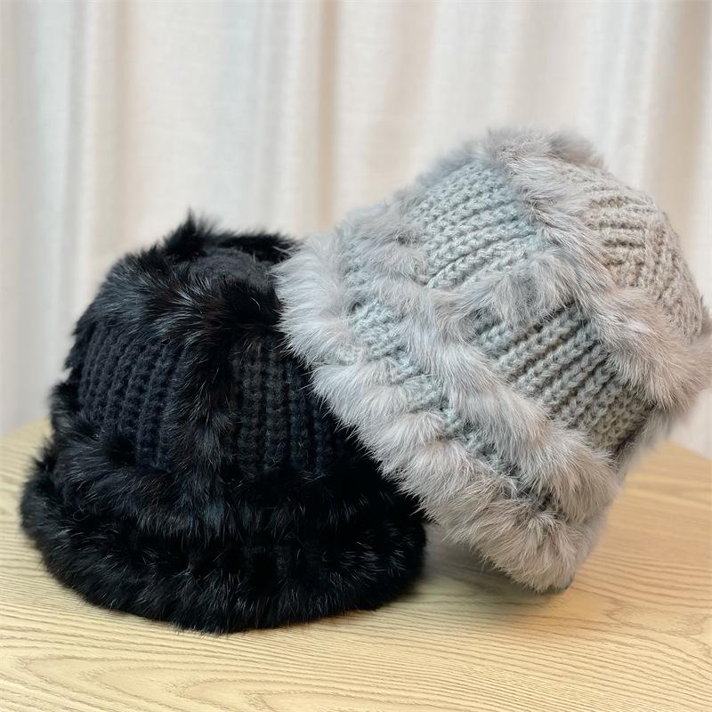 Hat Women's Autumn and Winter Thickened Plush Knitted Hat Cold Bucket Hat Warm Wool Hat