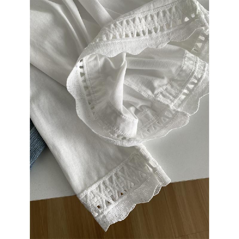 Hollowed-out lace hem pure cotton round-neck long-sleeve T-shirt for women, 2026 spring elegant Korean-style base shirt top
