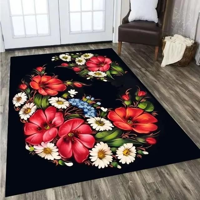 Romantic Rose Pattern Valentine's Day Rug Themed Throw Carpet Chic Flower Print Floating Window Cushion Anti-fatigue for Home