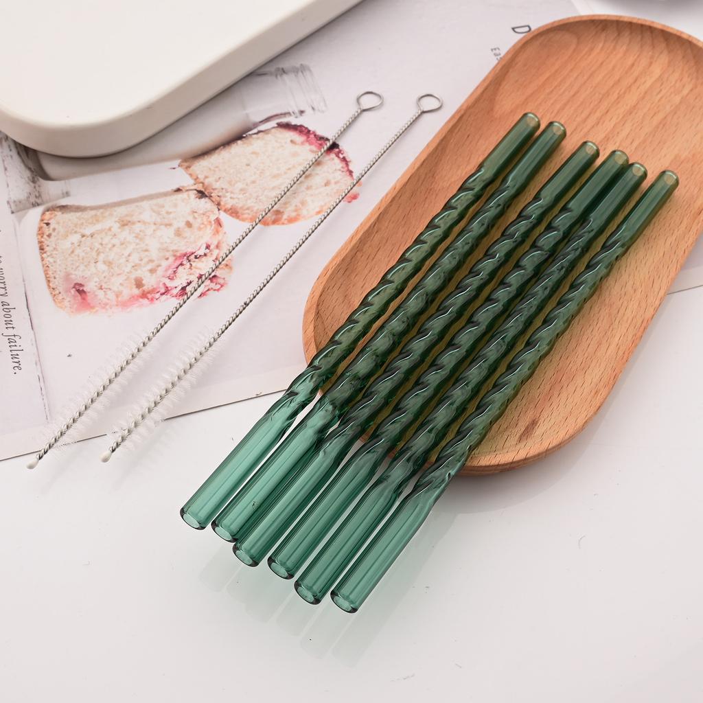 15 PCS Reusable Glass Straws, 8 Inch X 0.3" Thread Pattern Design Colored Drinking Straws, Include 12 Straight Straws, 2 Cleaning Brushes, 1 Bag
