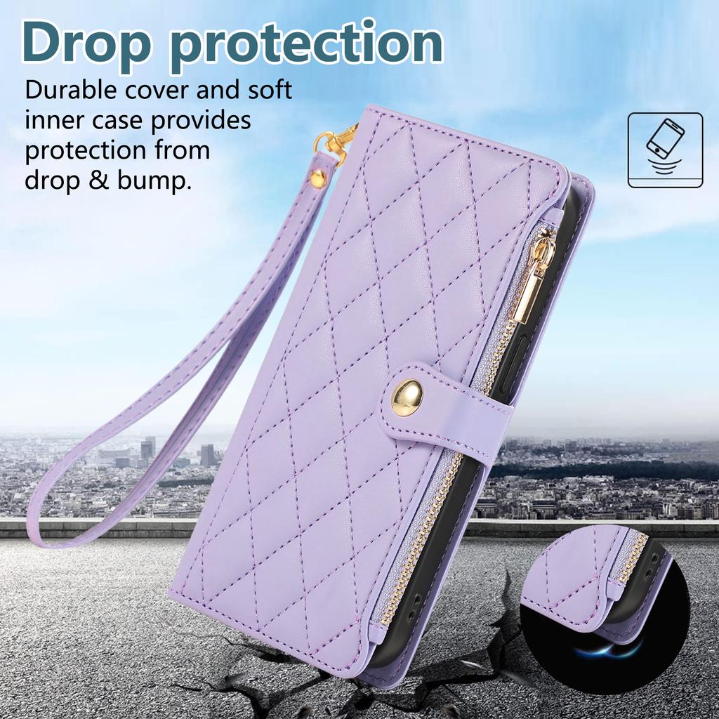 For iPhone 16 Pro Max Case Multi Card Slots Zipper Rhombus Leather Phone Cover with Wrist Strap