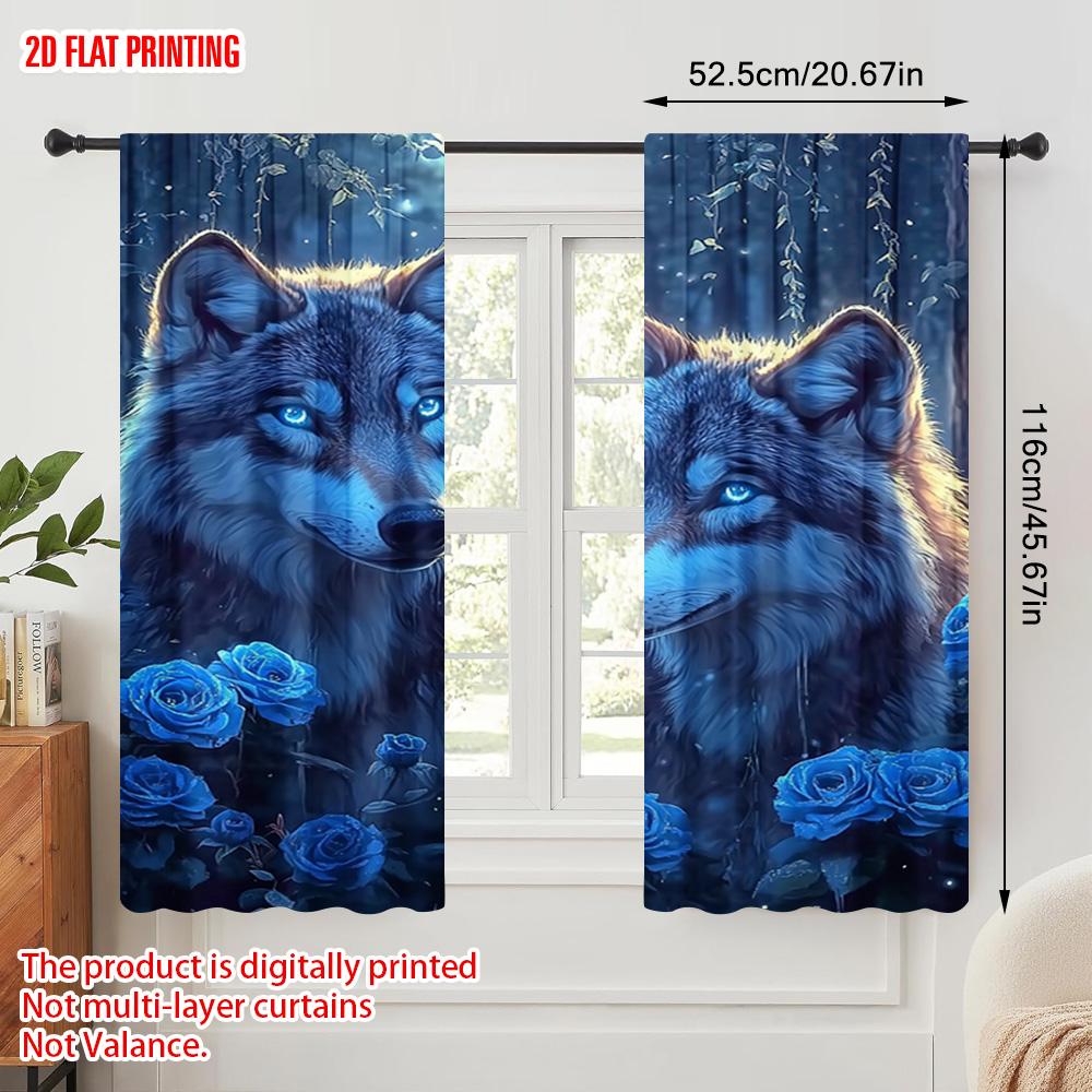 2pc  2D Plane Printing Curtains&Window Treatment Mystical Wolf & Blue Roses Polyester Easy Install (without Rod) Festive Perfect
