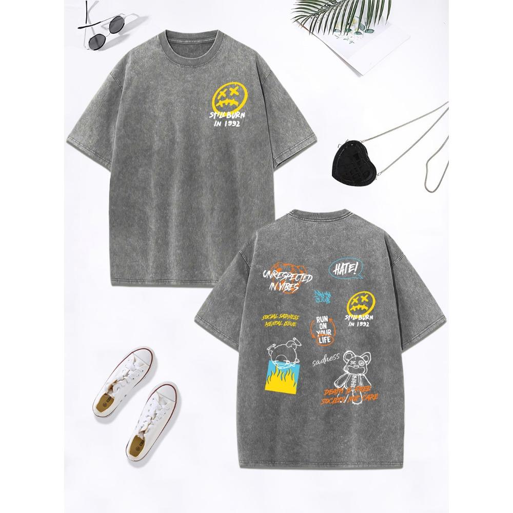 Little Bear Text Graffiti Prints Washed T-Shirt Women Cotton Oversized Tops Comfortable Distressed O-Neck T Shirt Clothes