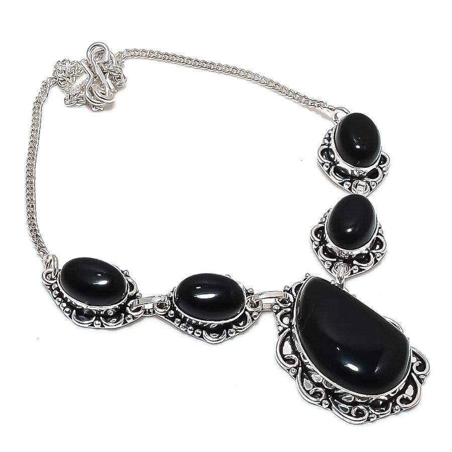 Natural Black Onyx Gemstone 925 Sterling Silver Jewelry Necklace 18" q4L43