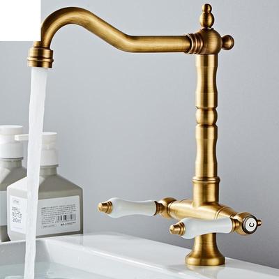 Faucet For Kitchen Dual Handle Antique Brass Retro Faucet 360 Degree Rotation Kitchen Sink Taps Deck Mounted Bathroom Sink Mixer