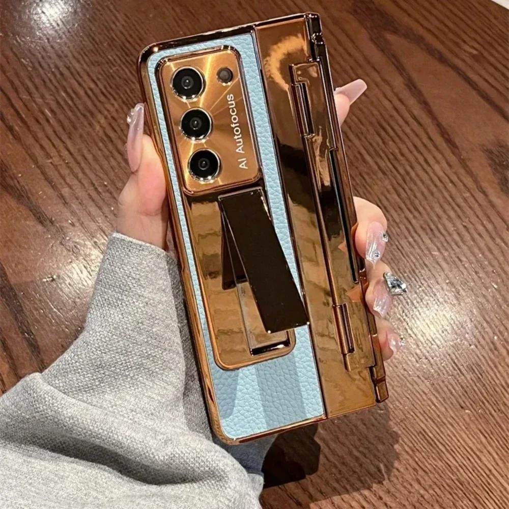 With Screen Protector Leather Case for Samsung Galaxy Z Fold 6 5 4 3 5G One-Piece Plating Stand Shockproof Cover Gold