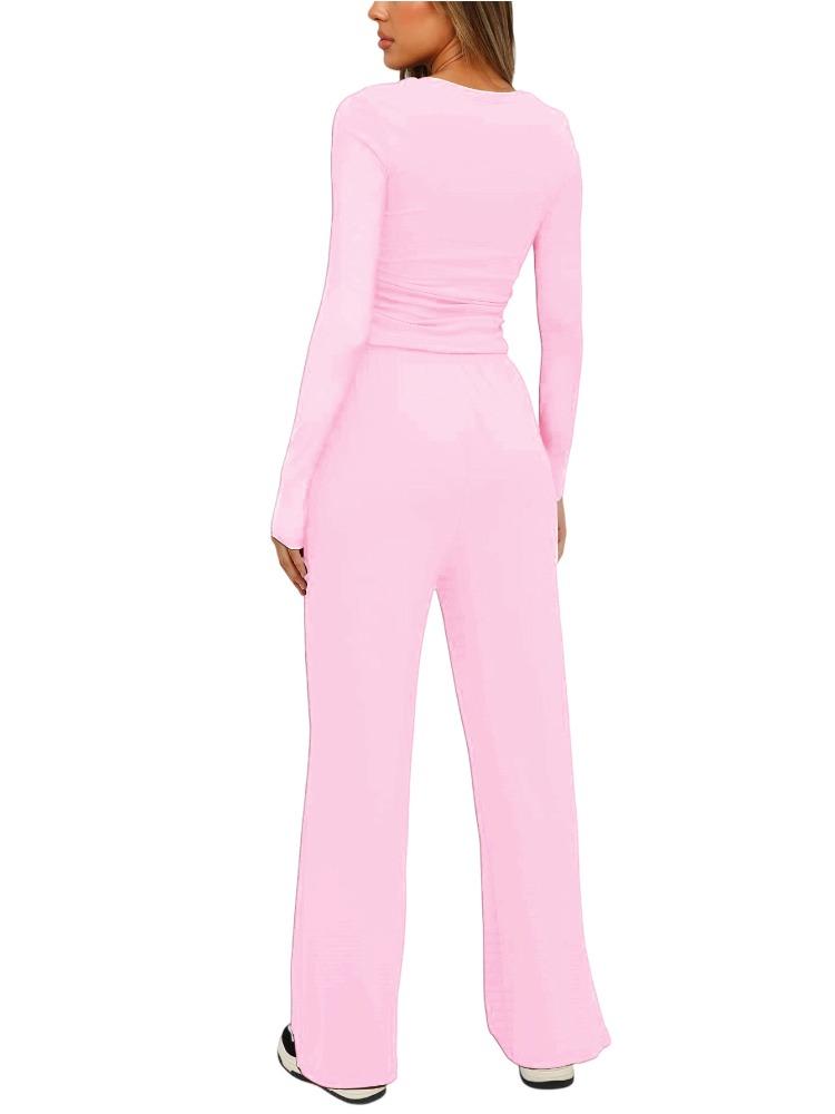 Solid Color Casual Long Sleeve Set Top High Waisted Wide Leg Pants Sportswear
