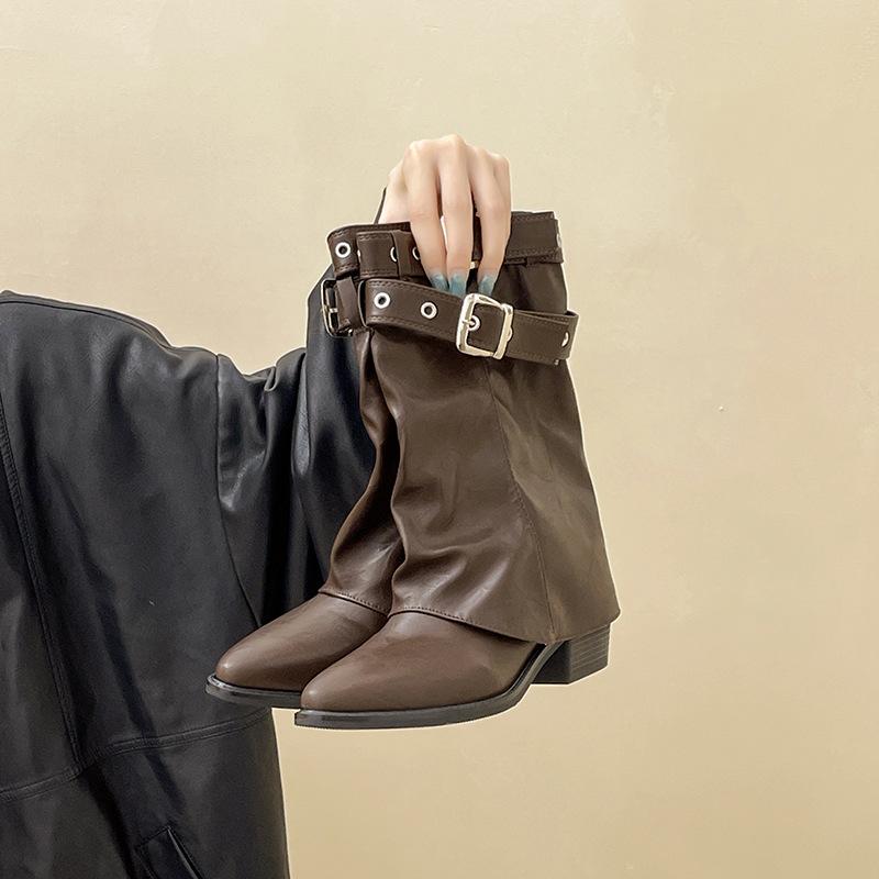 Design Sense American Leather Boots Spice Girl Willow Spike Knight Boots Women's Autumn and Winter Fashion Retro Belt Buckle Thick Heel Pile Boots