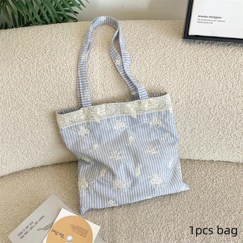 

Big Pouch Tote Bag Lace Shoulder Bag With Ribbon Korean Style Simple Canvas Handbag Cloth Kawaii Large Capacity Bag Travel 1 синий