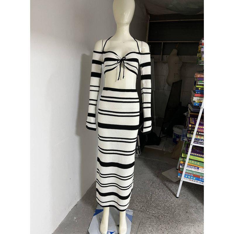 

European and American Women clothes 2025 Spring and Summer New Beach Skirt Fashion Stripe Long sleeve Hanging Neck Top Skirt Two-piece Set Women White L