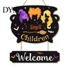 Witch Cauldron Door Decor Halloween Wooden Welcome Sign for Front Door, Hanging Plaque, Festive Wall Waterproof Pendant with Hemp Rope Indoor Outdoor