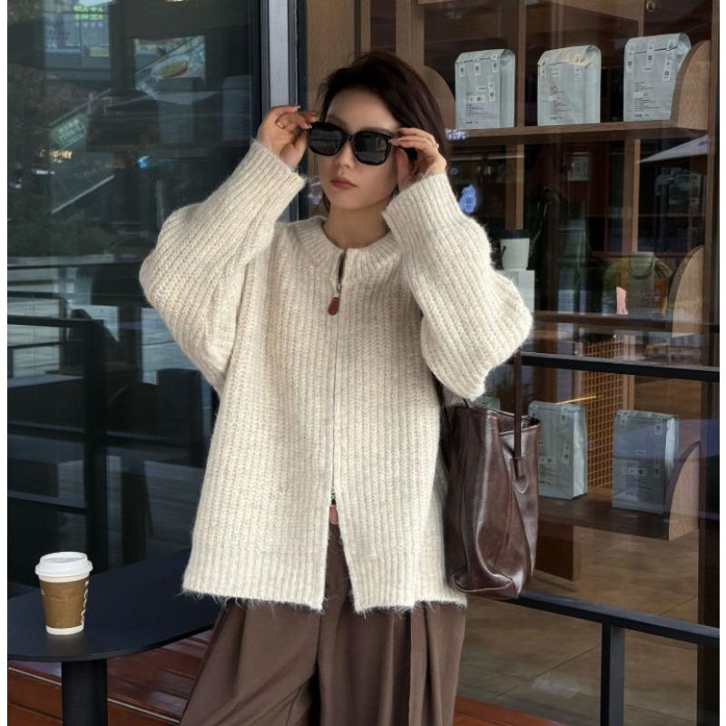 

Осенний новый кардиган вязаный топ с круглым вырезом и двойной молнией, женский модный свободный универсальный свитер-куртка one size fits all